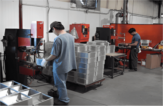 Workers operating machinery in an industrial factory setting.