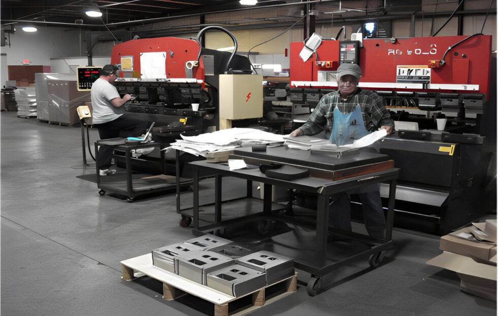 Workers operating machinery in a manufacturing facility.